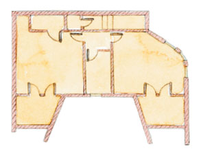 The floor plan of Montgomery’s character-laden, eco-conscious home maps out a colorful living space—punctuated with custom-designed seating—adjacent to the garden room.